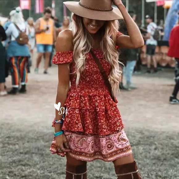 Off the Shoulder Boho Floral Gypsy Print Dress red - Picture 2 of 10